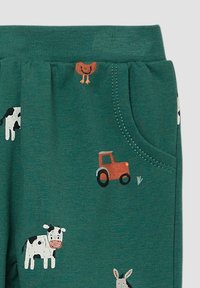 Groene katoenen broek met kleine bedrukte ontwerpen van een koe, een tractor, een vogel en een konijn. Inclusief een zijzak en een geribde tailleband.