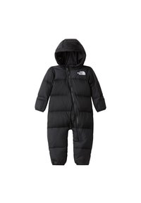 Black puffer snowsuit with a hood, featuring a zip closure and insulation. Designed with quilted sections for warmth and comfort.