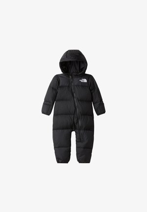 Fekete steppelt téli overál kapucnival, cipzáras záródással és szigeteléssel. Párnázott részekkel kialakítva a melegség és kényelem érdekében.