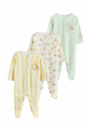 Drie babyslaapzakken met voetjes in gele strepen, dierenprints en bleekgroen, elk met lange mouwen en drukknoopsluiting aan de voorkant.