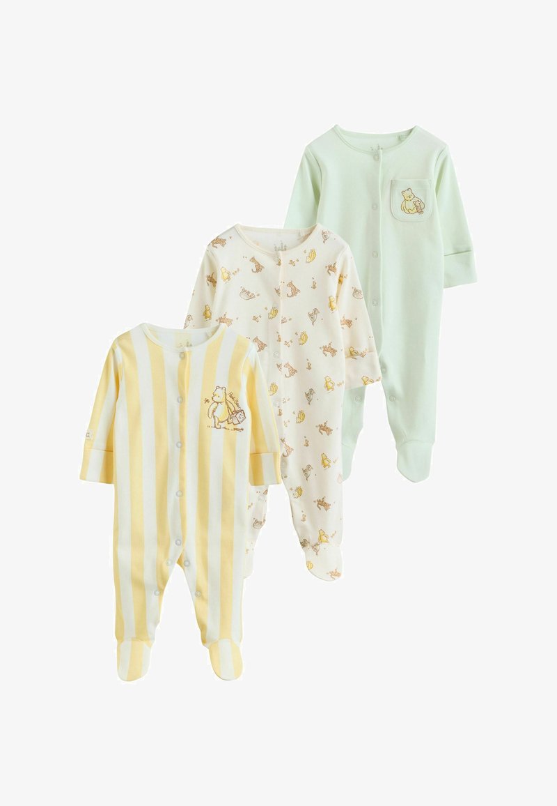 Trois pyjamas pour bébé avec pieds, en rayures jaunes, imprimés animaux et vert pâle, chacun avec des manches longues et des pressions à l’avant.