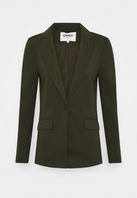 Blazer de un botón en verde oscuro con solapas americanas y dos bolsillos frontales con solapa, diseñado para un ajuste ceñido.