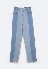 Lichtblauwe denim jeans met een rechte pijp, met een kleurblokontwerp in twee tinten en koperkleurige knopen en hardware-details.