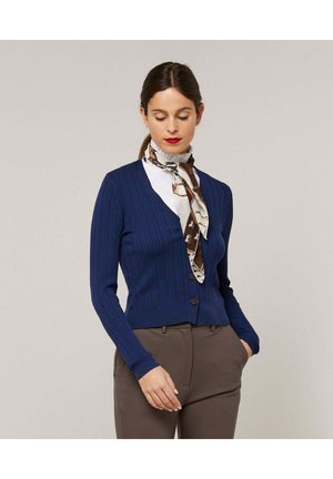 Femme debout les mains dans les poches, portant un cardigan côtelé bleu, un chemisier à col volanté blanc, un foulard à motifs autour du cou et un pantalon marron.