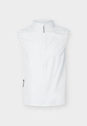 Gilet bianco smanicato con zip, collo alto e tasca laterale con zip, marchiato con un logo discreto sul petto in alto a sinistra.