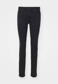 Black denim jeans with a slim fit, featuring five pockets, a zip fly, and silver hardware accents. Smooth texture with minimal fading.