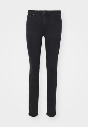 Fekete farmernadrág, slim fit fazonban, öt zsebbel, cipzáros záródással és ezüst színű hardware díszítéssel. Sima textúrájú, minimális kopással.