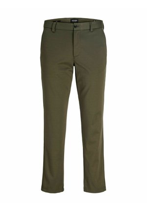 Olivgrüne Hose aus glattem Stoff; mit Knopfverschluss, Gürtelschlaufen und geradem Bein mit sauberem Abschluss.