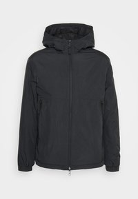 Svart huva jacka med dragkedja fram, elastiska manschetter och två sidofickor. Tillverkad av lätt, texturerad tyg med en enkel design.