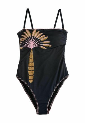 Schwarzer Einteiler-Badeanzug mit dünnen Trägern, verziert mit einem großen pink- und goldfarbenen Palmenmotiv und pinken Zickzacknähten entlang der Ränder.