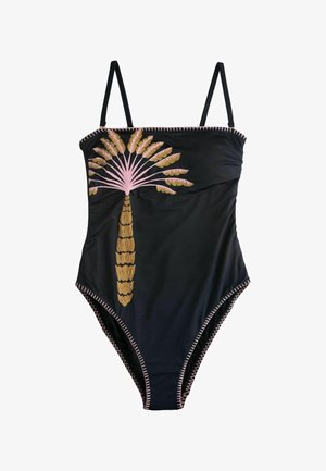 Fekete egyrészes fürdőruha vékony pántokkal, amelyet egy nagy rózsaszín és arany pálmafa mintázat díszít, valamint rózsaszín cikk-cakk varrás található a széleken.