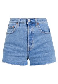 Helle blaue Jeansshorts mit hoher Taille, ausgefranstem Saum und Knopfverschluss. Verfügt über das klassische Fünf-Taschen-Design und gestickte Akzente.