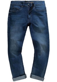 Jeans de mezclilla azul oscuro con ligero desgastado, con los puños doblados, cierre de botón y cremallera, y bolsillos frontales visibles.