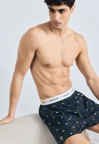 Boxerky Lacoste s bílým páskem, s námořnicko-zeleným pruhovaným vzorem a malými bílými logy po celém povrchu.