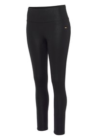 Leggings neri con motivo a spina di pesce, vita alta e tessuto elastico. Texture liscia e design alla caviglia. Accento con logo dorato.