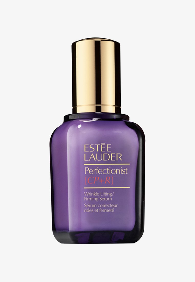 Purple Estée Lauder Perfectionist CP+R wrinkle lifting and firming serum bottle with gold cap, front label visible.