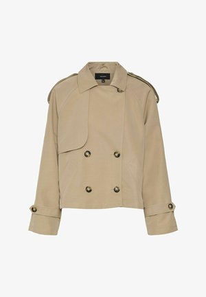 Beige trenchcoat med dubbelknäppt front, blanka knappar, något textilaktig känsla och breda slag. Har sidofickor och justerbara ärmslut.