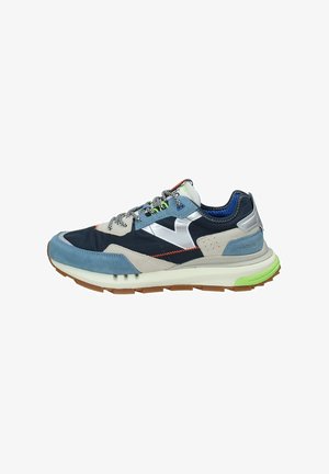 Navy and light blue sneaker with suede and mesh materials. Features a rubber sole, reflective accents, and multicolored laces.