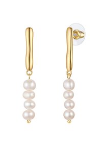Orecchini color oro con design ad anello curvo, caratterizzati da tre perle bianche lisce impilate verticalmente, rifiniti con un dettaglio a sfera dorata.