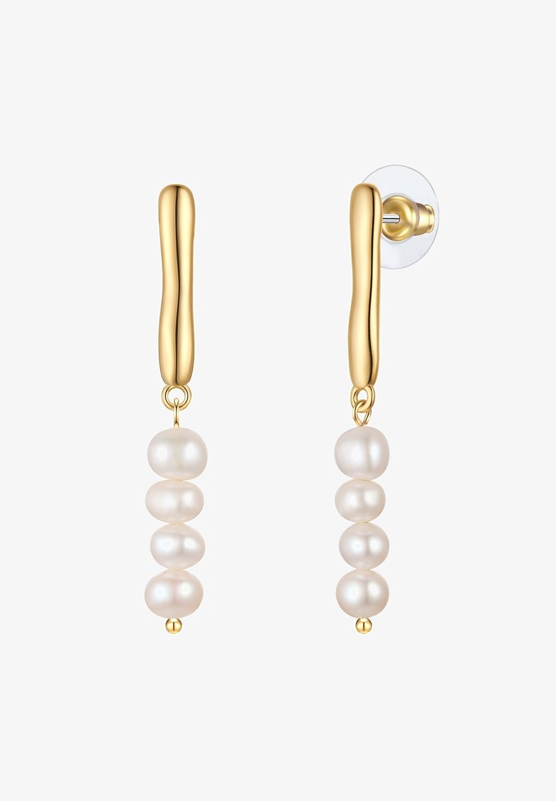 Gold-tone earrings with a curved hoop design, featuring three smooth white pearls stacked vertically, finished with a gold bead detail.