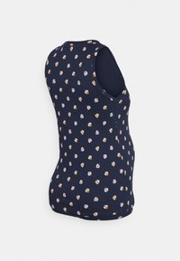 Top sem mangas em azul marinho com textura canelada, apresentando um padrão floral em rosa, branco e laranja. Design sem mangas com decote arredondado.