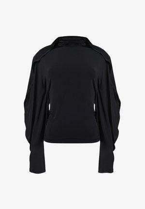 Zwarte top met lange mouwen en een ontspannen pasvorm, voorzien van gedrapeerd stoffen detail op de schouders en een zachte textuur. Eenvoudig, elegant ontwerp.