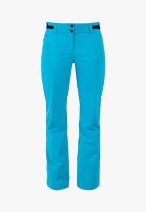 Pantaloni da sci blu brillante realizzati in tessuto impermeabile, con una vita alta, due tasche anteriori e due dettagli con bottoni neri.