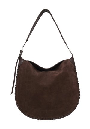 Tamno smeđa antilop torba preko ramena s detaljima ispletenih rubova i širokim remenom s tkanim uzorkom.