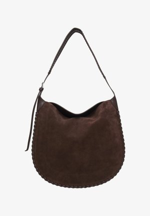 Ciemnobrązowa zamszowa torba na ramię z detalami w postaci plecionych krawędzi oraz szerokim paskiem z tkaným wzorem.