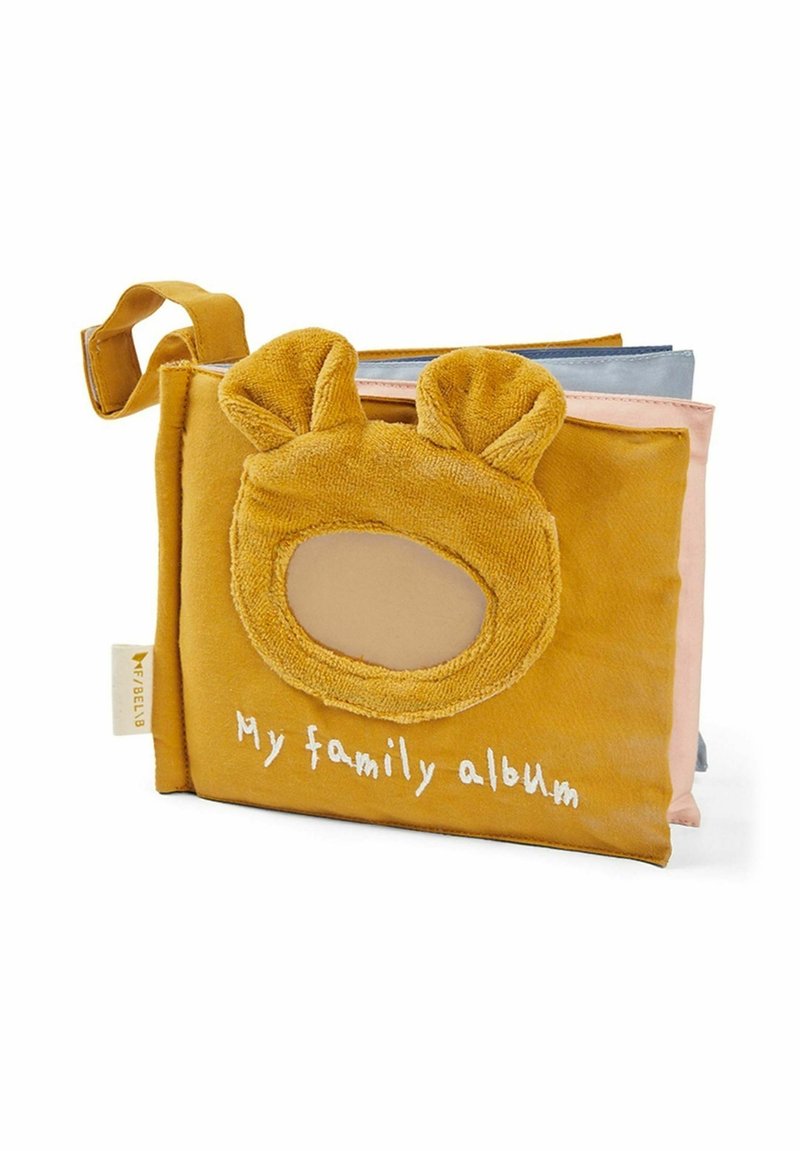 Fabric photo album with a mustard yellow exterior, featuring fuzzy ears, a round opening, and white text stating "My family album."
