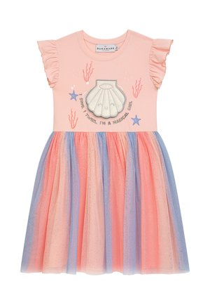 Kurzärmeliges Kleid mit pinkfarbenem Oberteil und einem mehrlagigen Tüllrock in Pink und Blau, mit Muschel-Design und maritimen Akzenten.