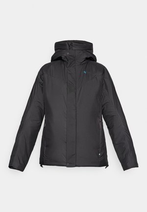 Zwarte geïsoleerde jas met capuchon, voorzien van een gestructureerd paneel op de borst, zijzakken en een rits aan de voorkant, gemaakt van duurzaam materiaal.