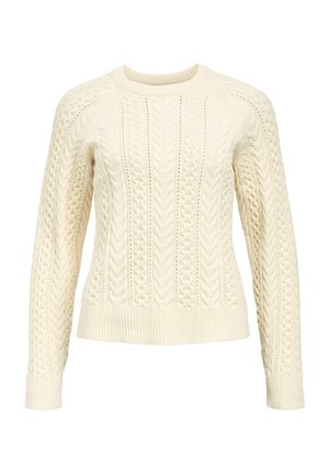 Pull en tricot crème présentant un motif en maille torsadée, des poignets et un ourlet côtelés, ainsi qu'un col rond. Tissu texturé pour plus de chaleur.