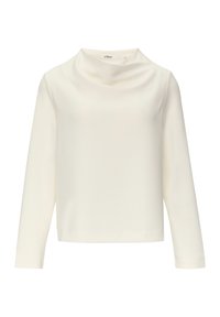 Haut à manches longues blanc avec un col drapé, fabriqué en tissu lisse. Il présente une coupe décontractée et un ourlet droit. Design minimaliste, sans motifs.