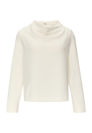 Witte lange mouwen top met een cowl halslijn, gemaakt van gladde stof. Heeft een ontspannen pasvorm en een rechte zoomlijn. Minimalistisch ontwerp, geen patronen.