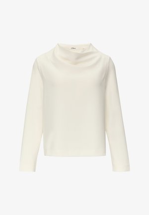 Weißes Langarmoberteil mit einem Schalkragen, aus glattem Stoff gefertigt. Bietet eine lockere Passform und einen geraden Saum. Minimales Design, ohne Muster.