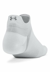Gray athletic sock with a knitted texture, low-cut design, and reinforced heel. Features a logo on the cuff for branding.