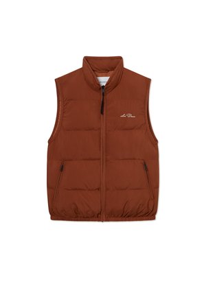 Brun puffer vest med høy krage, glidelås foran og to sidelommer. Mykt stoff med quiltede seksjoner og subtil logo-detalle.