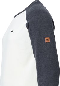Long-sleeve shirt with a white body and dark grey raglan sleeves. Features a small black bear logo on the chest and a brown leather tag on the sleeve.