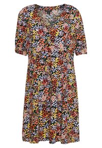 Kukkakuosiset lyhythihaiset mekko, jossa on V-puolikaulus, musta tausta on täynnä värikkäitä kukkia punaisena, keltaisena, purppurana ja valkoisena.