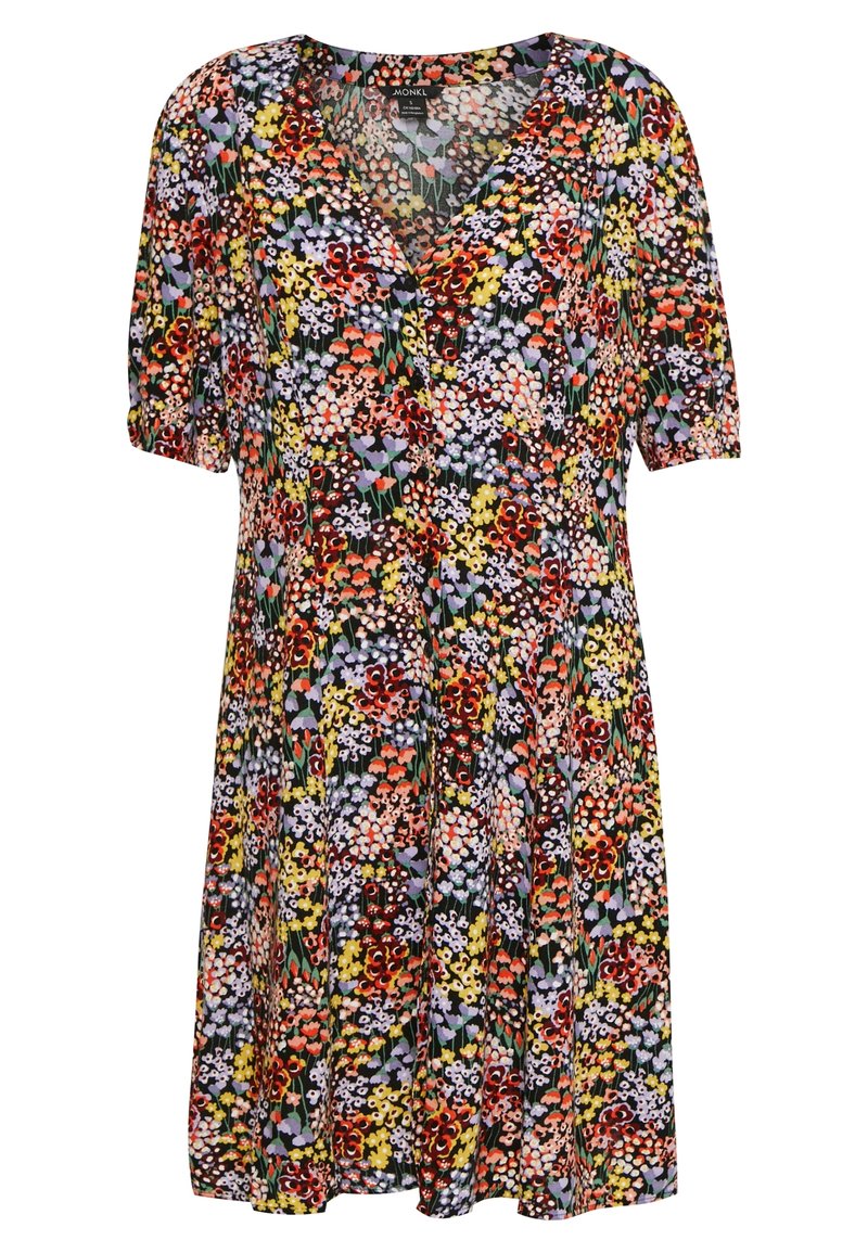 Kukkakuosiset lyhythihaiset mekko, jossa on V-puolikaulus, musta tausta on täynnä värikkäitä kukkia punaisena, keltaisena, purppurana ja valkoisena.
