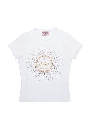 T-shirt in cotone bianco con un design centrale in oro e strass, con linee radiali, scollo rotondo e maniche corte.