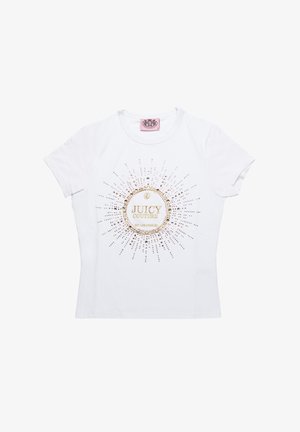 T-shirt in cotone bianco con un design centrale in oro e strass, con linee radiali, scollo rotondo e maniche corte.