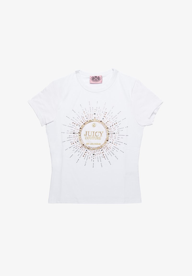 T-shirt in cotone bianco con un design centrale in oro e strass, con linee radiali, scollo rotondo e maniche corte.