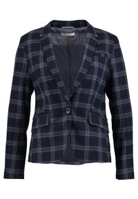 Blazer pour femme bleu marine avec motif à carreaux blancs, fermeture simple bouton, revers crantés et poches à rabat.