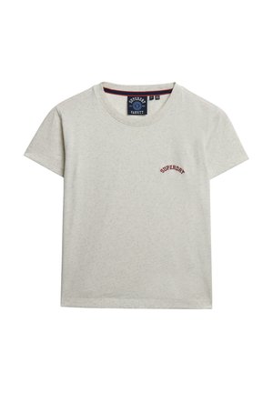 T-shirt in cotone grigio chiaro con maniche corte, dotata di un colletto arrotondato e di un piccolo logo rosso "Superdry" sul lato sinistro del petto.