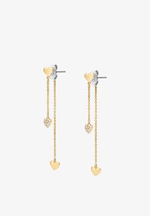 Gold-tone heart earrings with silver posts, featuring dangling linked chains and small heart charms, one adorned with clear stones.