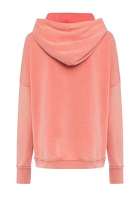 Felpa con cappuccio in corallo chiaro, caratterizzata da una texture morbida, polsini e orlo a coste. L'interno del cappuccio è di una tonalità di rosa a contrasto.