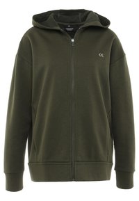 Sweat à capuche zippé vert foncé avec poches avant, manches longues, capuche et petit logo blanc CK sur la poitrine gauche.