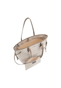 Borsa a tracolla beige con motivo in rilievo, doppi manici e una pochette con zip removibile. Texture liscia e interno chiaro.
